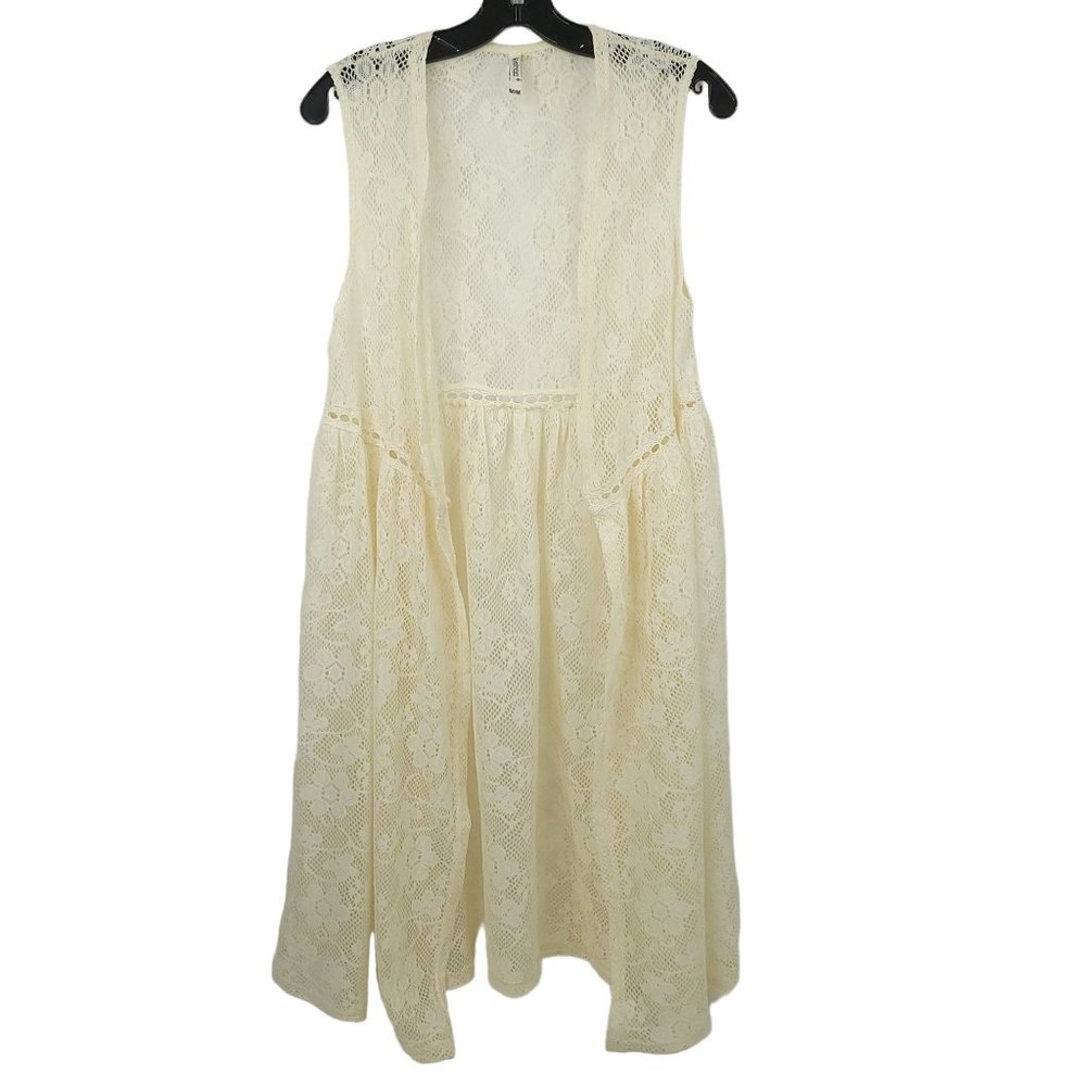 LeShop Lace Kimono Duster Open Front Womens Sz M Top Sleeveless Cream Off White
